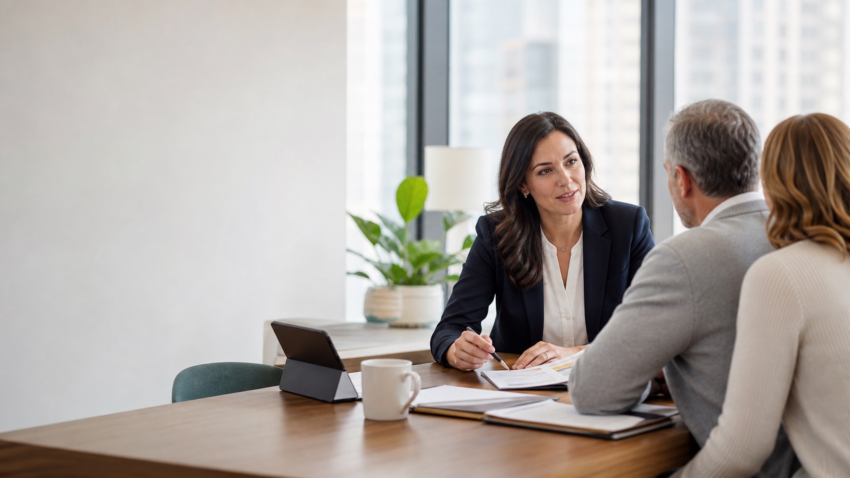 Female financial advisor speaking with clients in a bright office.