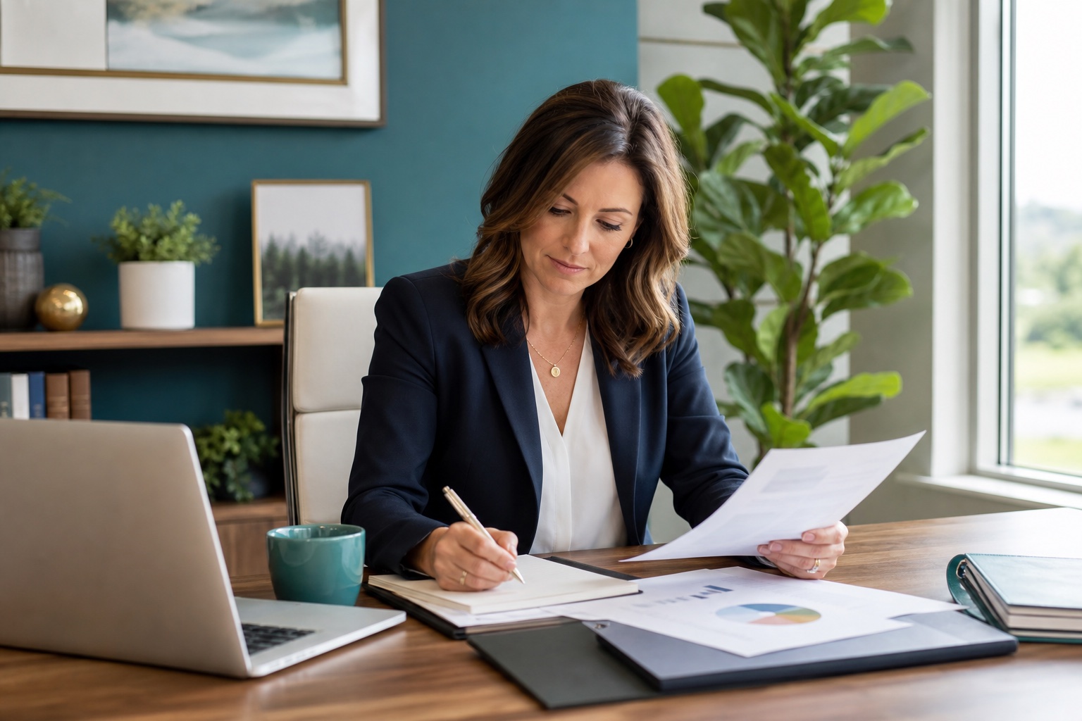 Female advisor reviewing planning documents in a bright office