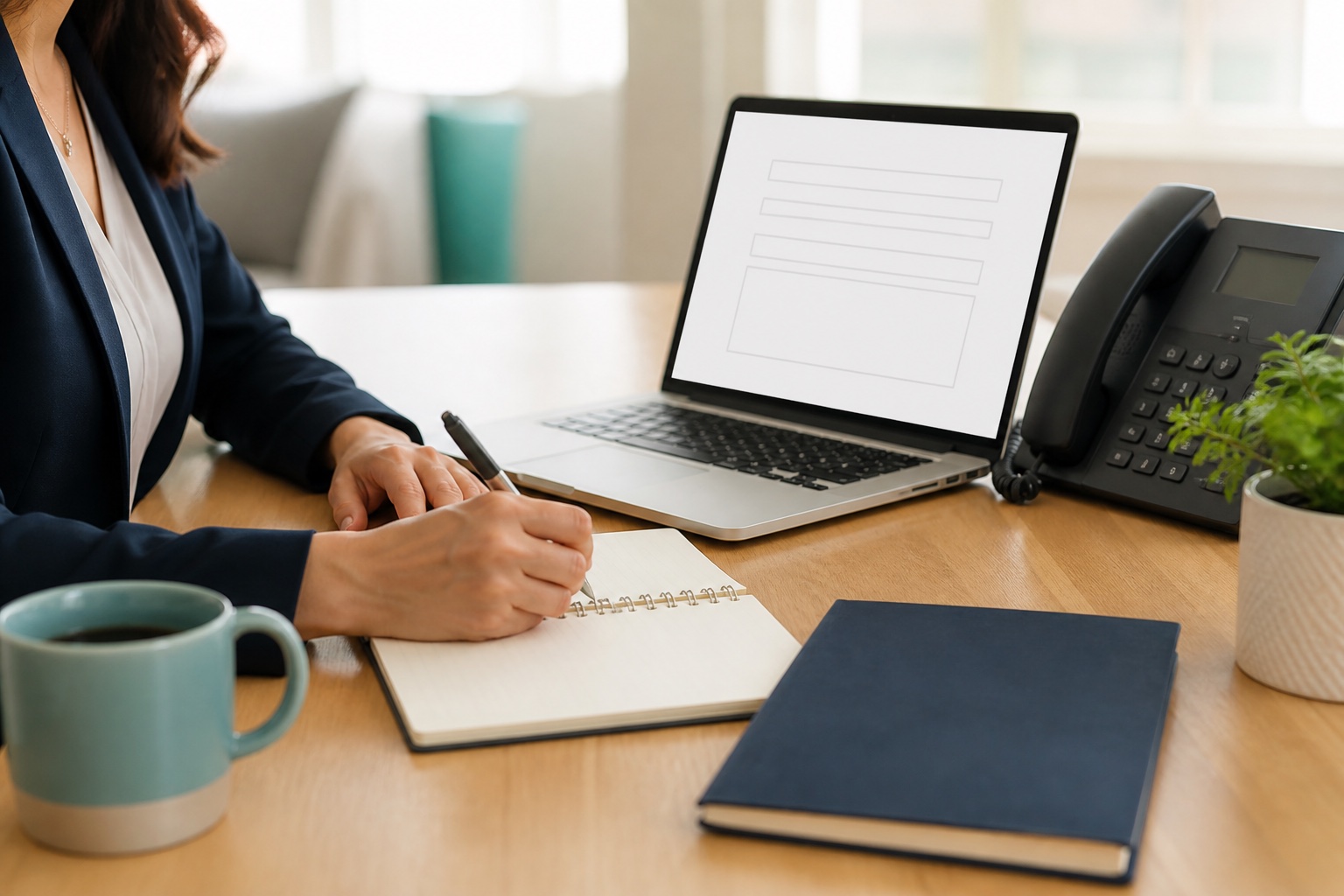 Advisor desk with laptop, phone, notebook, and contact form