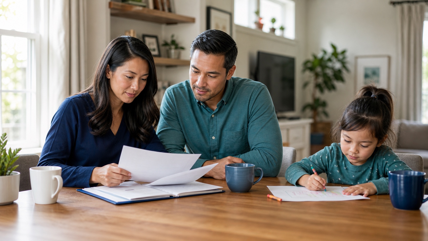 Family reviewing life insurance planning documents at home
