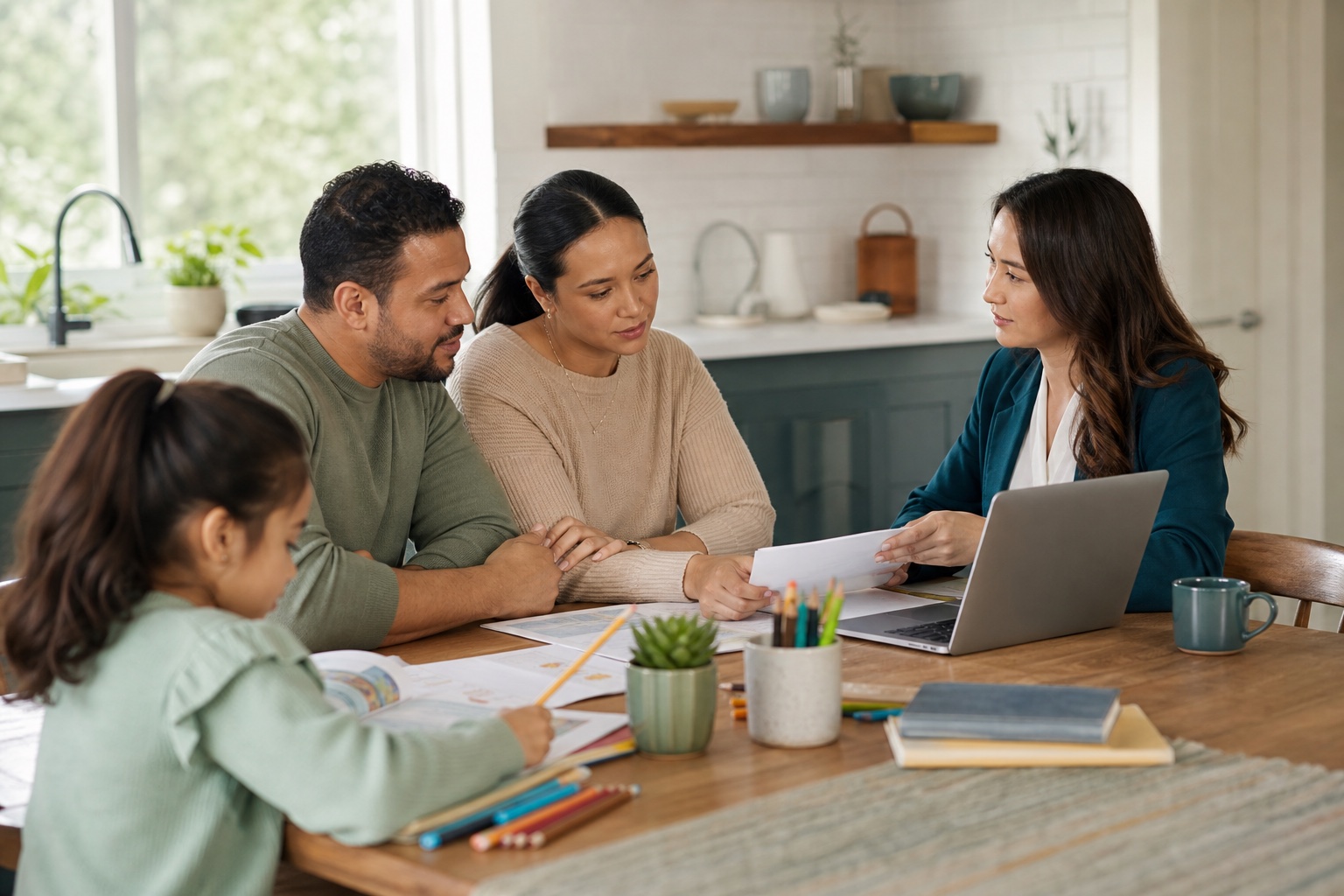 Parents and advisor discussing RESP education savings while a child draws nearby