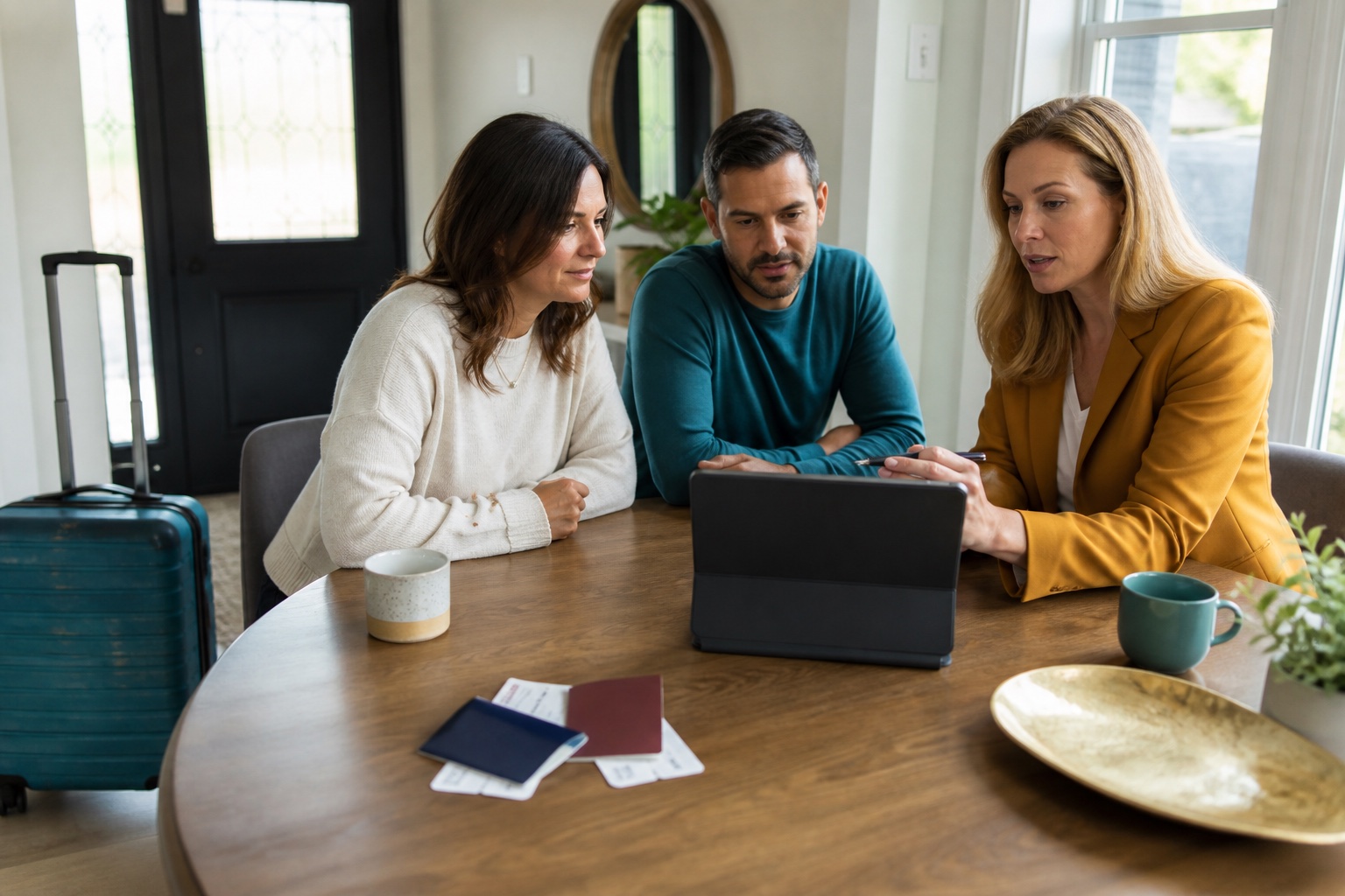 Advisor reviewing travel coverage with clients before a trip